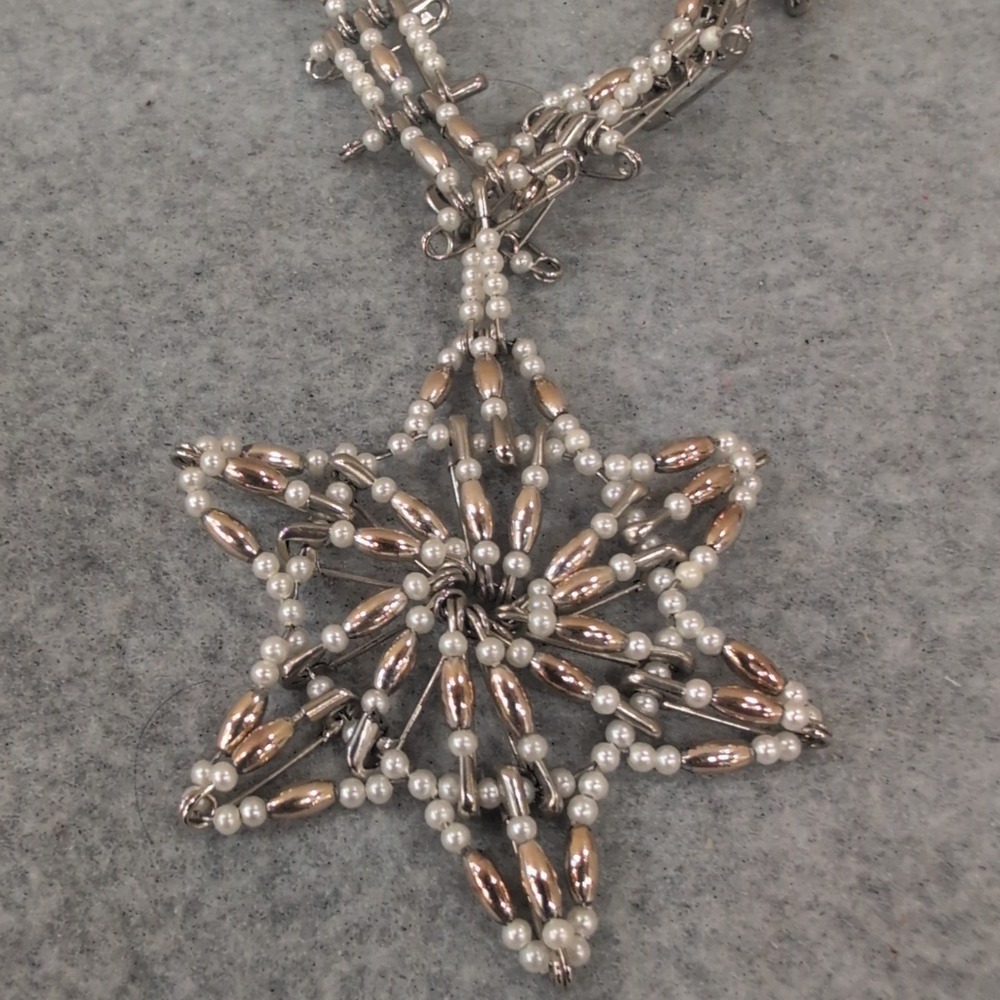 Handmade Star Pendant Necklace Safety Pin Pearl Beads Silver Tone - Picture 1 of 6